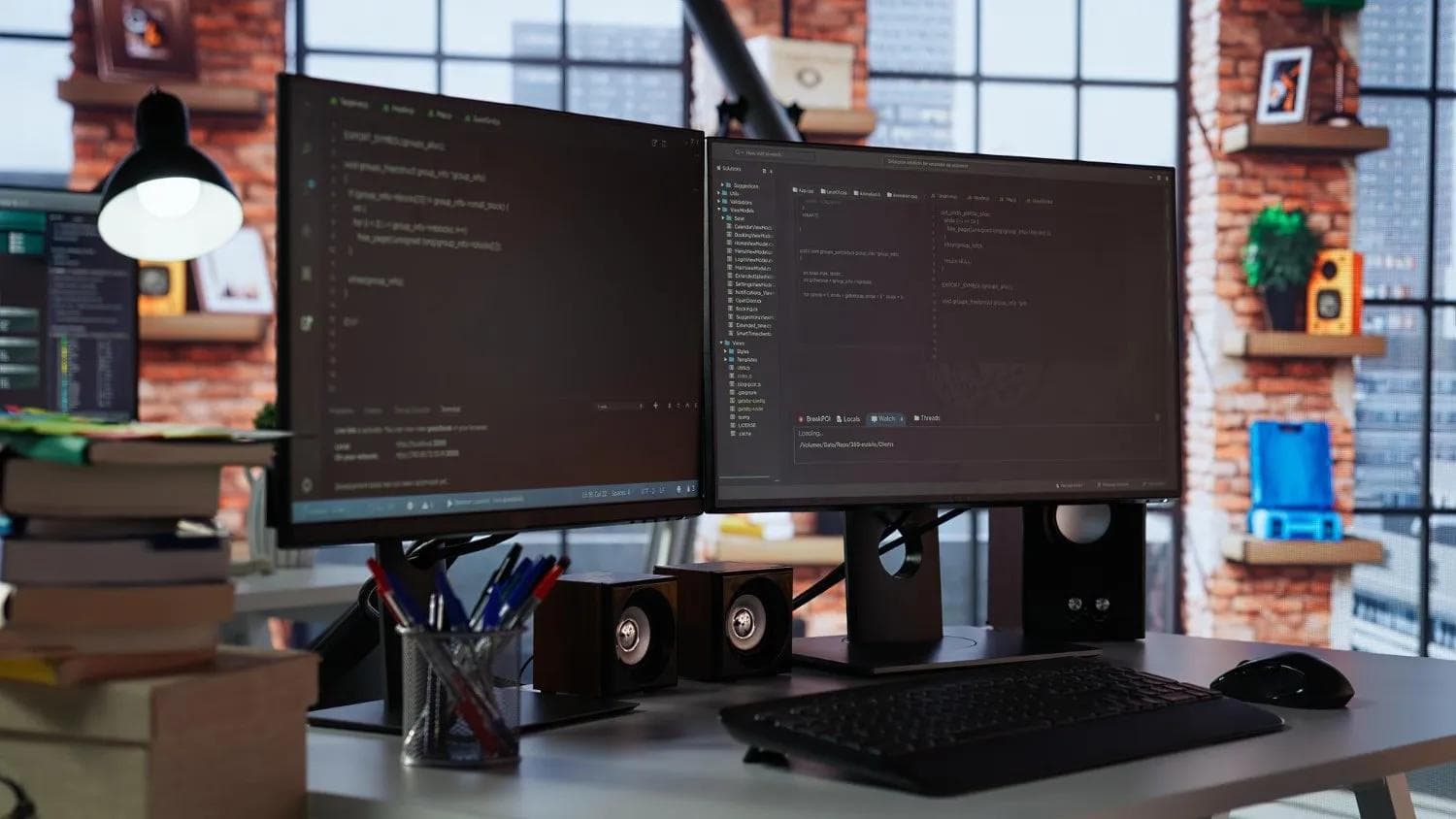 Two monitors on a desk in a brick-walled room, one showing a code editor and the other a project file tree.