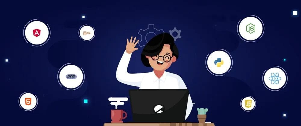 Illustration of a developer waving from behind a laptop, encircled by logos for Angular, SQL, JavaScript, PHP, Python, React and HTML5.