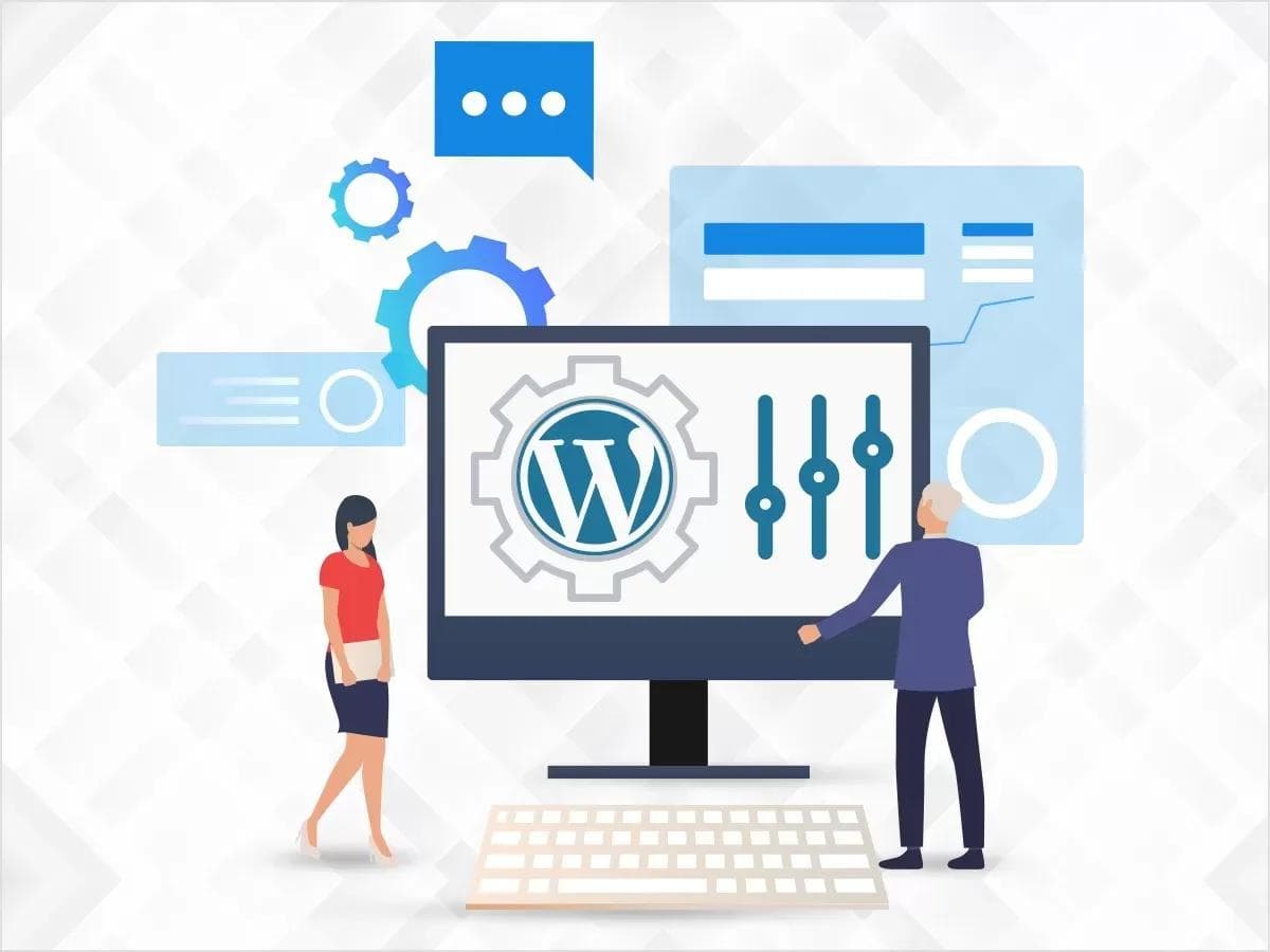 Illustration of two people in front of a large monitor showing the WordPress logo inside a gear, surrounded by layout panels and setting sliders.